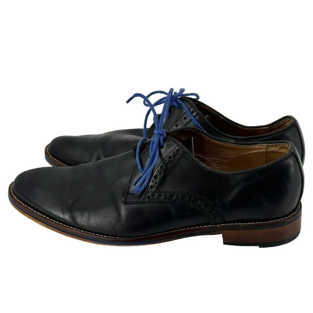 Johnston Murphy Oxford Shoes Conrad Plain Toe Black Leather Blue Detail Men 10.5